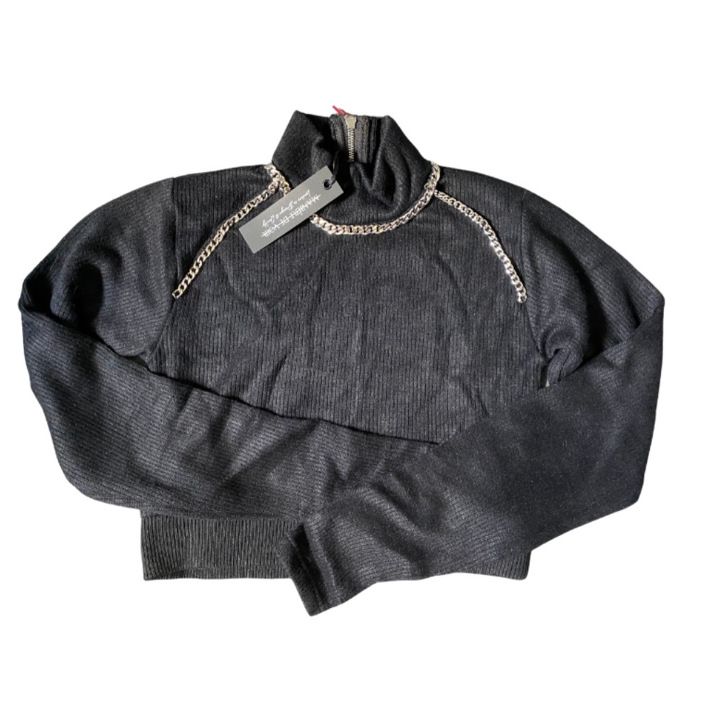 Black Manière De Voir High Neck Cropped Jumper with Chain UK 12 NWT